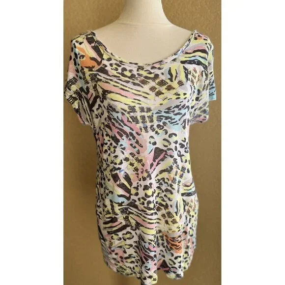 ZARA TRF Woman Colorful Printed Low Back Short Sleeve Casual T Shirt Top Size M - Picture 1 of 12